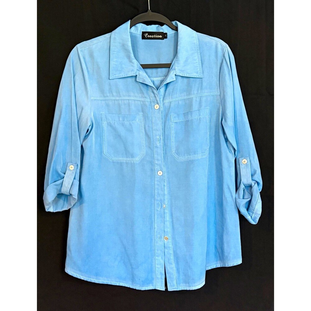 Creation Women's Blue Solid Collared Button-Up Roll Tab 3/4 Sleeve Blouse S